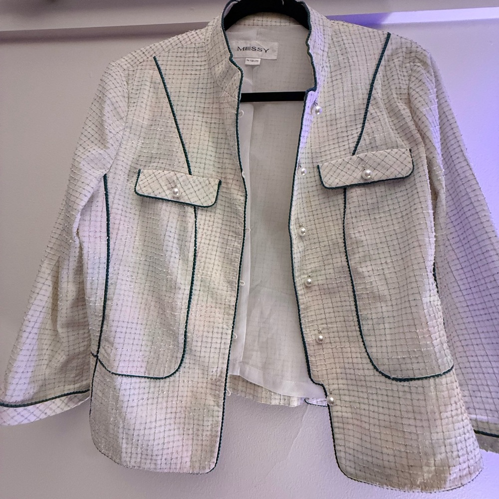 Messy Cream Tweed Jacket Pearl Buttons Green Trim Cropped Structured Blazer